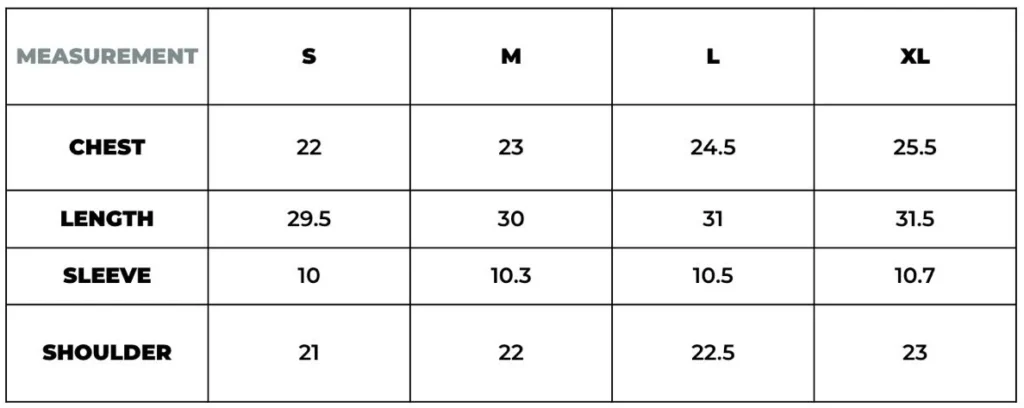 Oversized T-shirt size chart